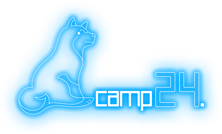 The "camp24" logo is a blue glowing logo with a dog motif.